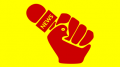 An illustration of a news microphone in a clenched fist (the thumb of which is styled as a dove)