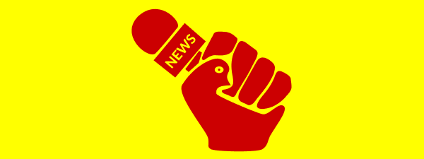 An illustration of a news microphone in a clenched fist (the thumb of which is styled as a dove)
